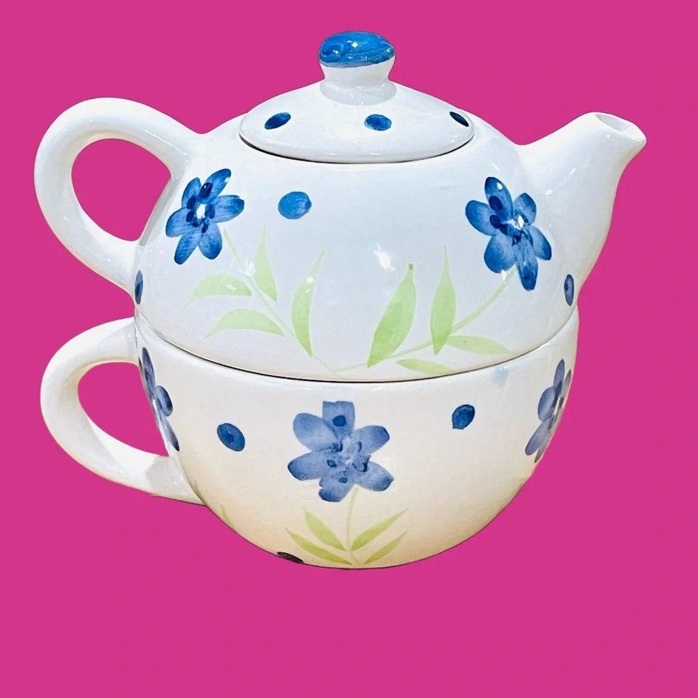 Stackable Ceramic Tea Pot Mug Blue Floral Tea For One